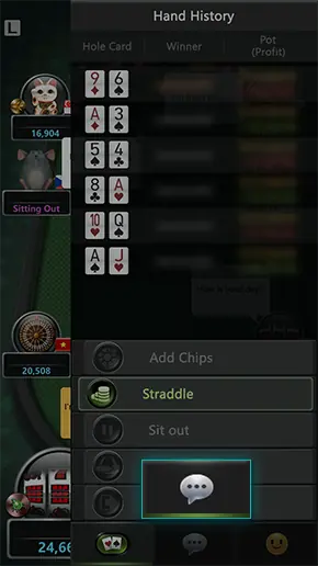 GG扑克手机端牌桌聊天功能入口在右侧菜单